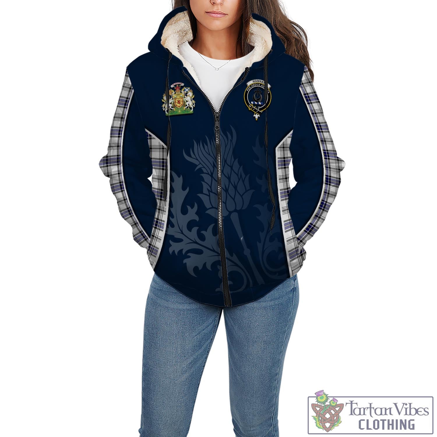 Tartan Vibes Clothing Hannay Modern Tartan Sherpa Hoodie with Family Crest and Scottish Thistle Vibes Sport Style