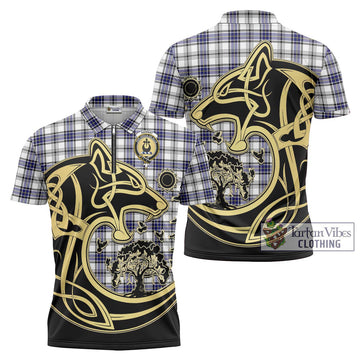 Hannay Tartan Zipper Polo Shirt with Family Crest Celtic Wolf Style