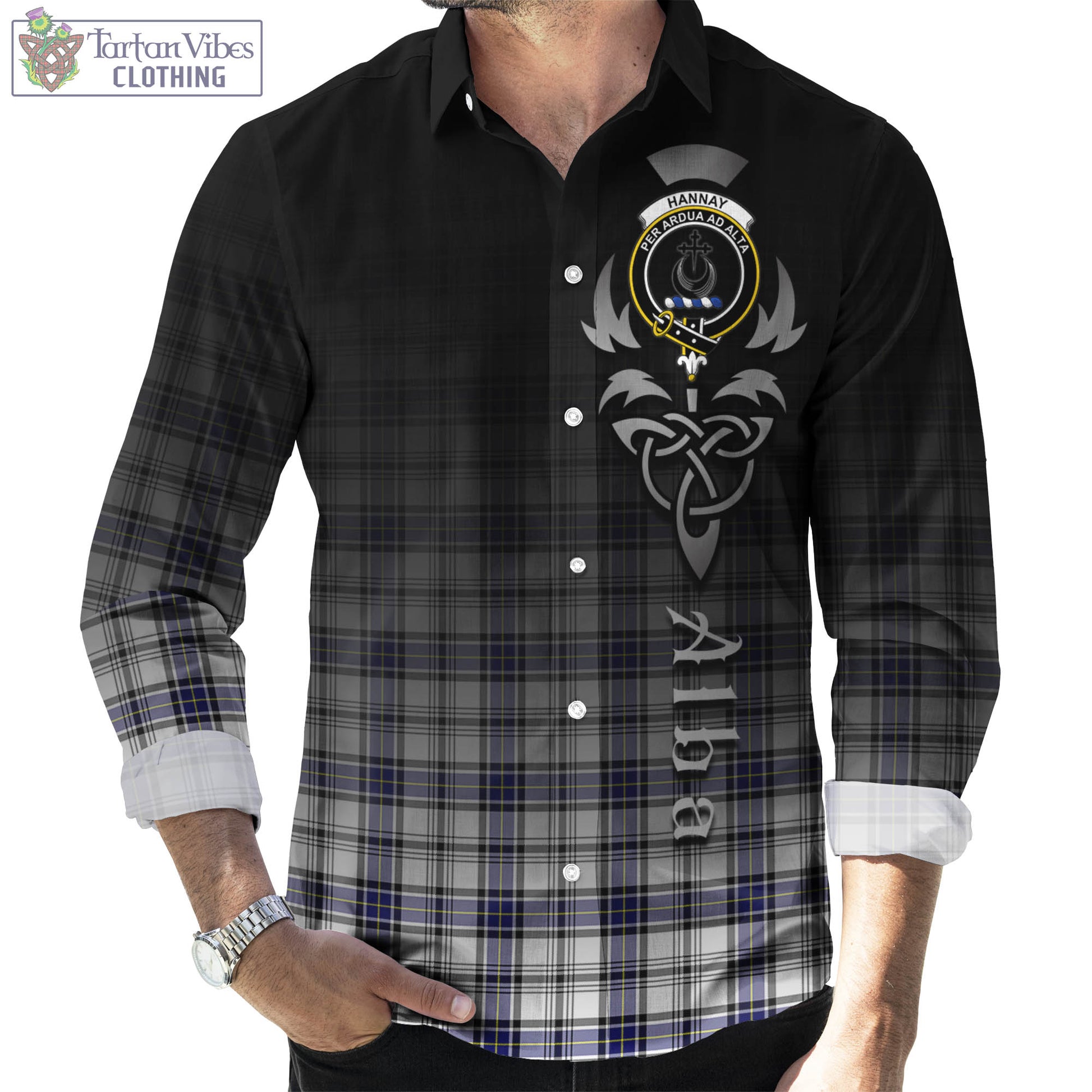 Tartan Vibes Clothing Hannay Modern Tartan Long Sleeve Button Up Featuring Alba Gu Brath Family Crest Celtic Inspired