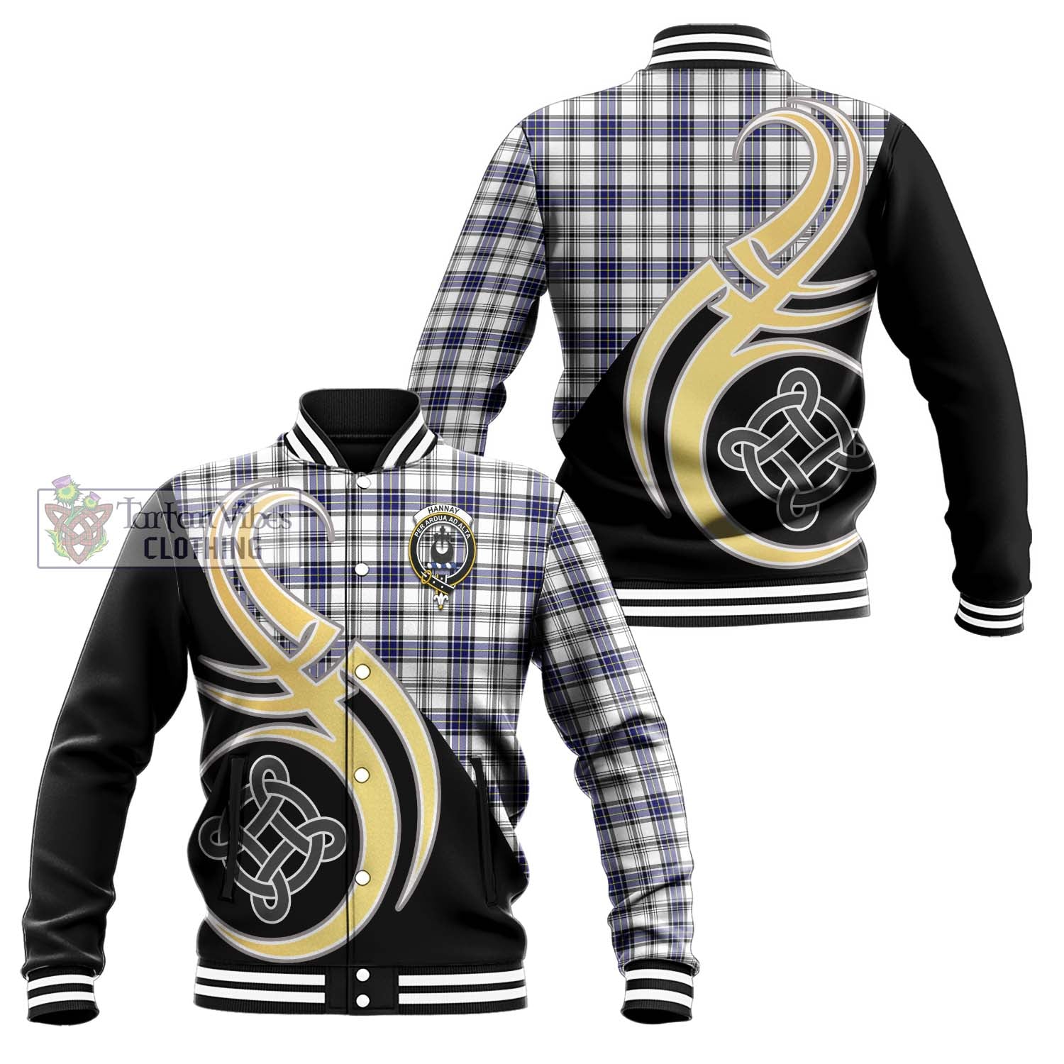 Hannay Tartan Baseball Jacket with Family Crest and Celtic Symbol Style Unisex - Tartan Vibes Clothing