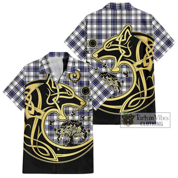 Hannay Tartan Short Sleeve Button Shirt with Family Crest Celtic Wolf Style