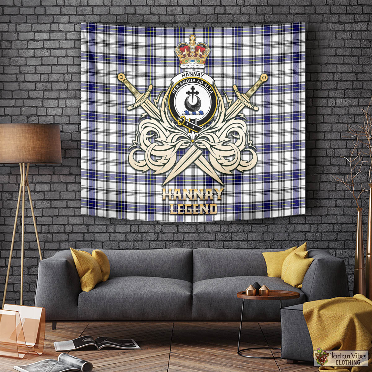 Tartan Vibes Clothing Hannay Modern Tartan Tapestry with Clan Crest and the Golden Sword of Courageous Legacy