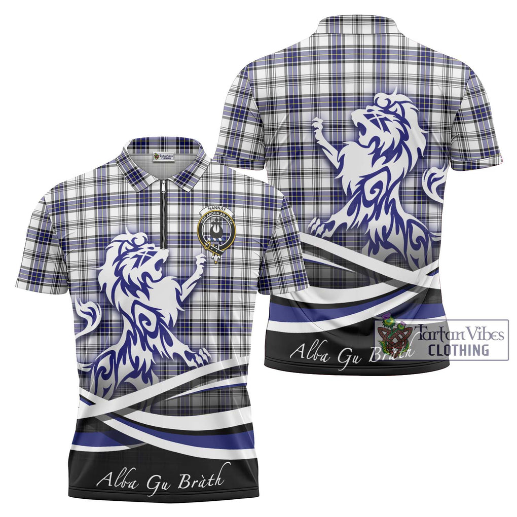 Hannay Tartan Zipper Polo Shirt with Alba Gu Brath Regal Lion Emblem Unisex - Tartanvibesclothing Shop