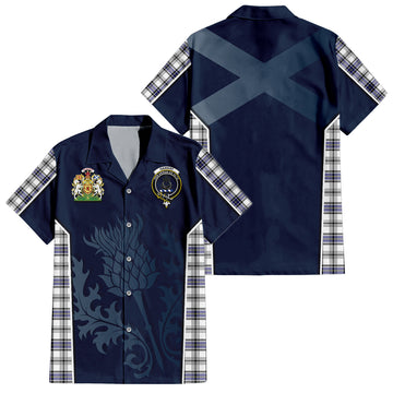 Hannay Tartan Short Sleeve Button Up Shirt with Family Crest and Scottish Thistle Vibes Sport Style