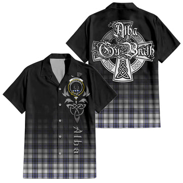 Hannay Tartan Short Sleeve Button Up Shirt Featuring Alba Gu Brath Family Crest Celtic Inspired