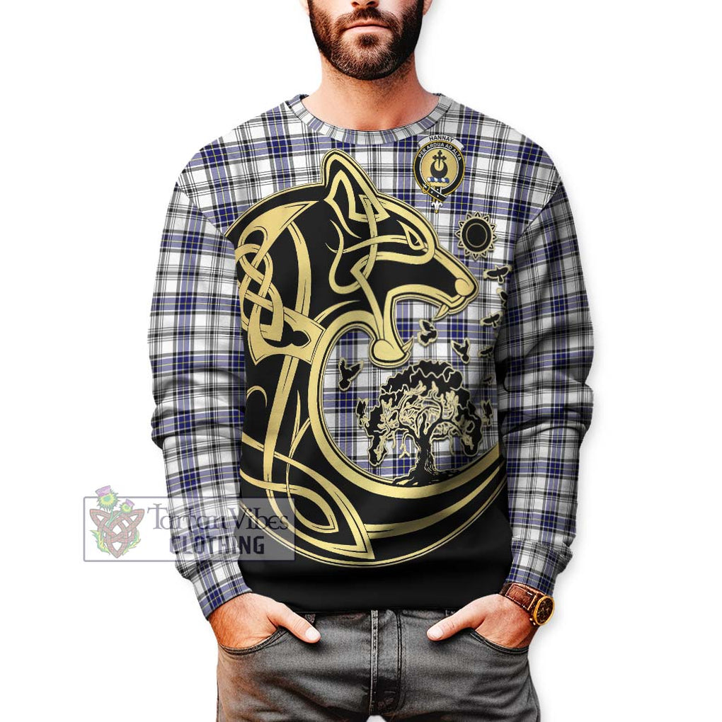 Hannay Tartan Sweatshirt with Family Crest Celtic Wolf Style Unisex - Tartan Vibes Clothing