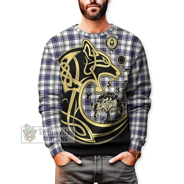 Hannay Tartan Sweatshirt with Family Crest Celtic Wolf Style