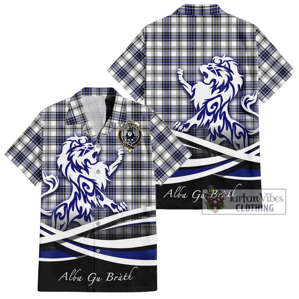 Hannay Tartan Short Sleeve Button Shirt with Alba Gu Brath Regal Lion Emblem Kid - Tartanvibesclothing Shop