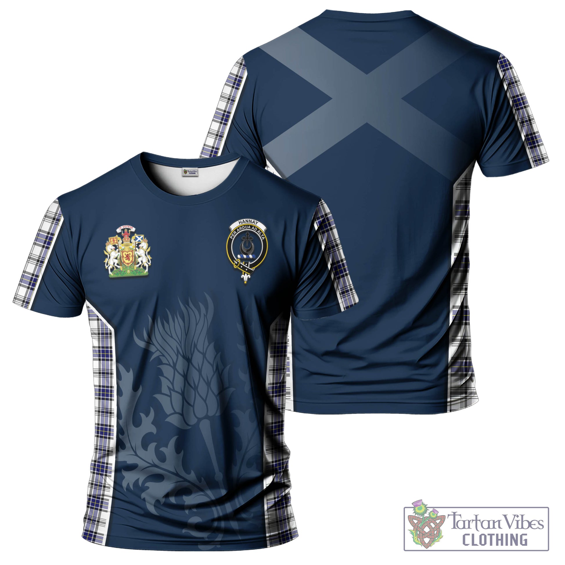 Tartan Vibes Clothing Hannay Modern Tartan T-Shirt with Family Crest and Scottish Thistle Vibes Sport Style