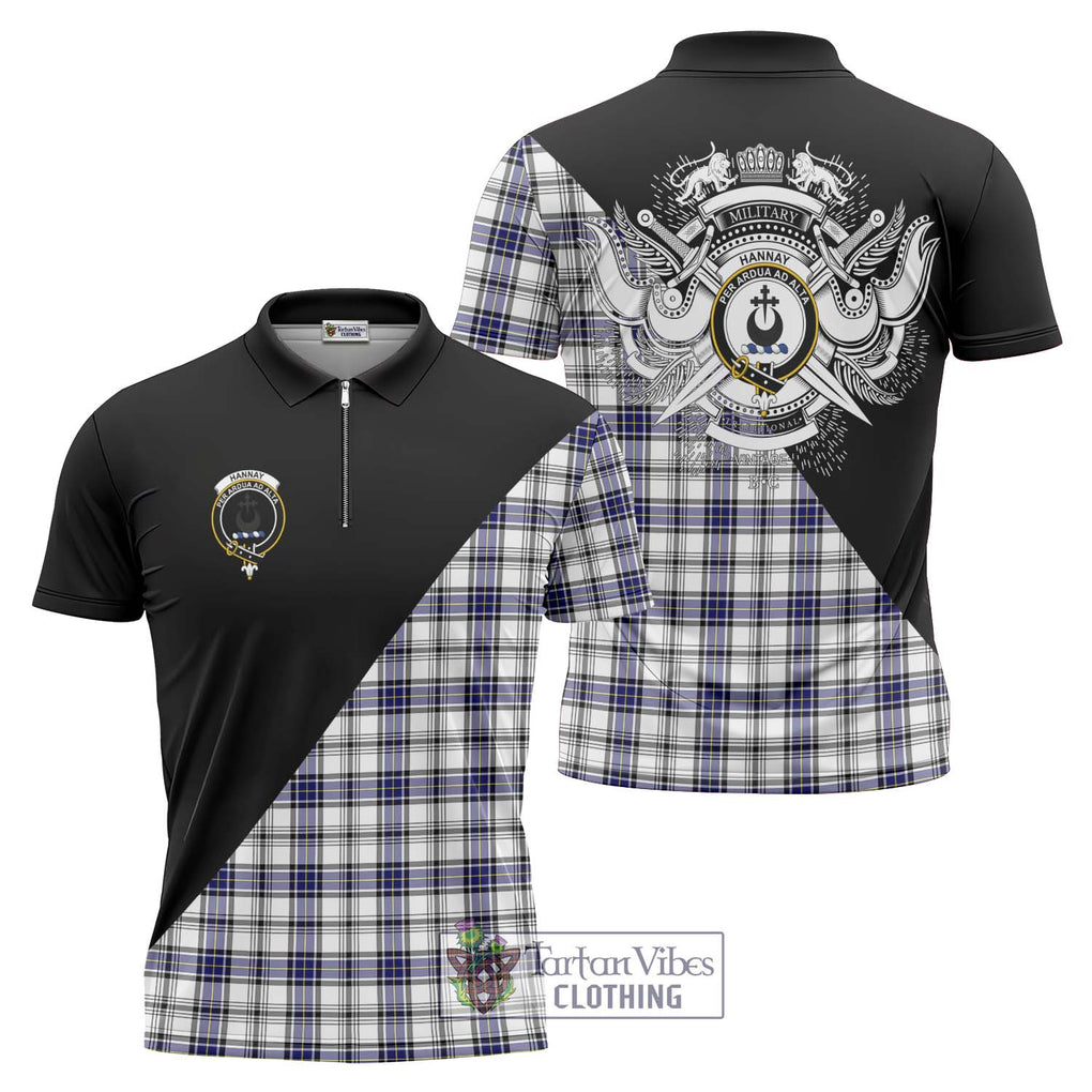 Hannay Tartan Zipper Polo Shirt with Family Crest and Military Logo Style Unisex - Tartanvibesclothing Shop