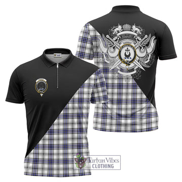 Hannay Tartan Zipper Polo Shirt with Family Crest and Military Logo Style