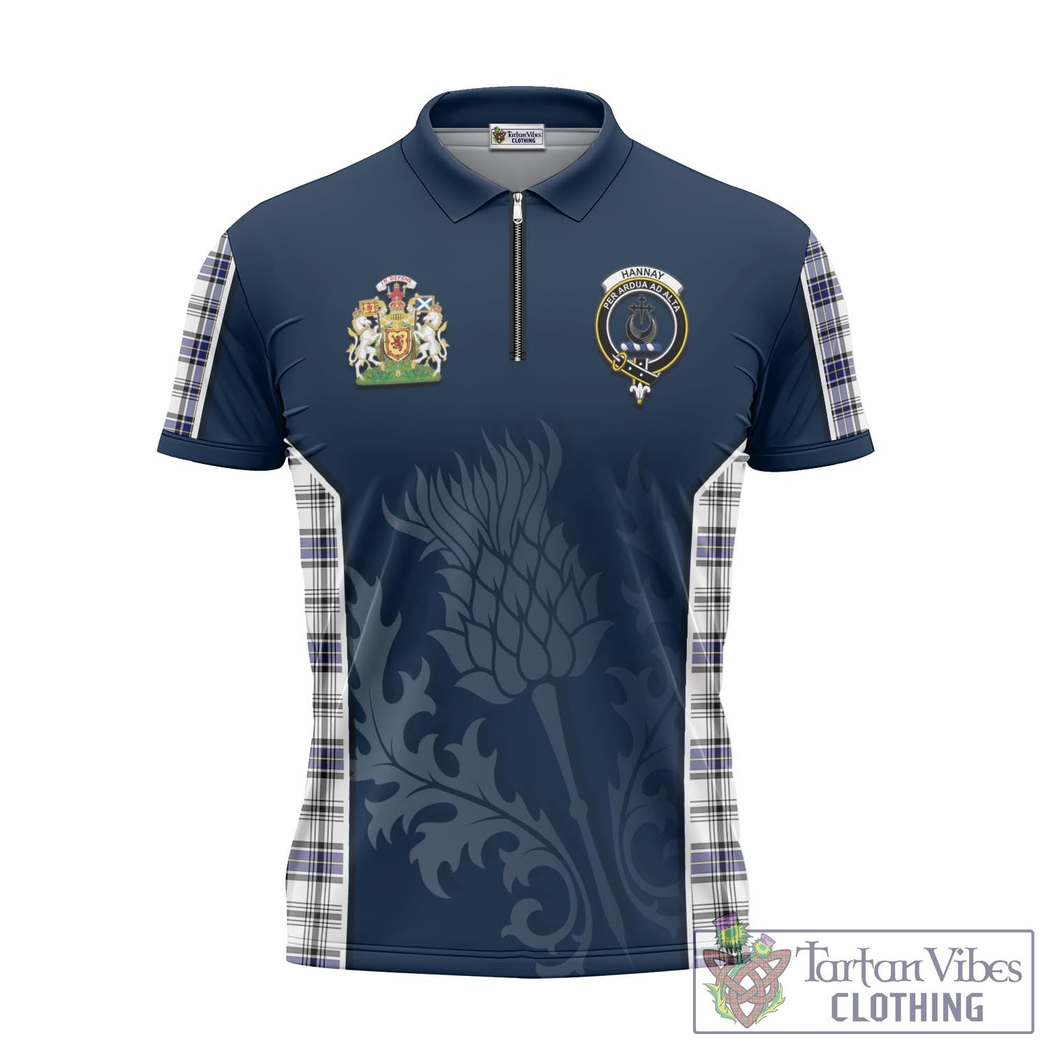 Tartan Vibes Clothing Hannay Modern Tartan Zipper Polo Shirt with Family Crest and Scottish Thistle Vibes Sport Style