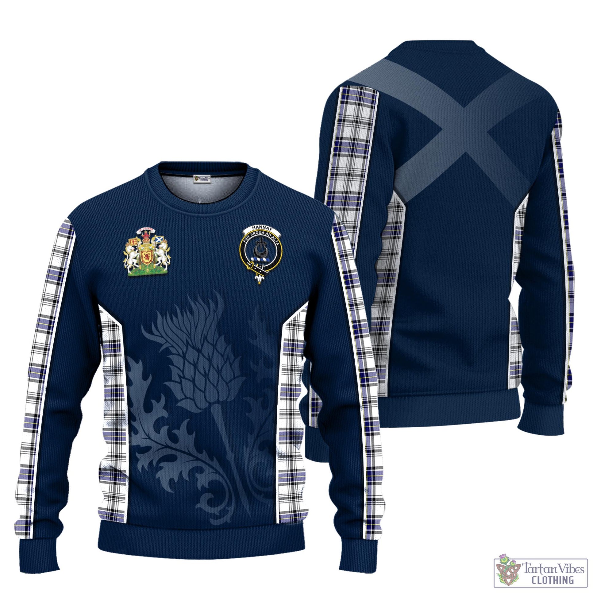 Tartan Vibes Clothing Hannay Modern Tartan Knitted Sweatshirt with Family Crest and Scottish Thistle Vibes Sport Style