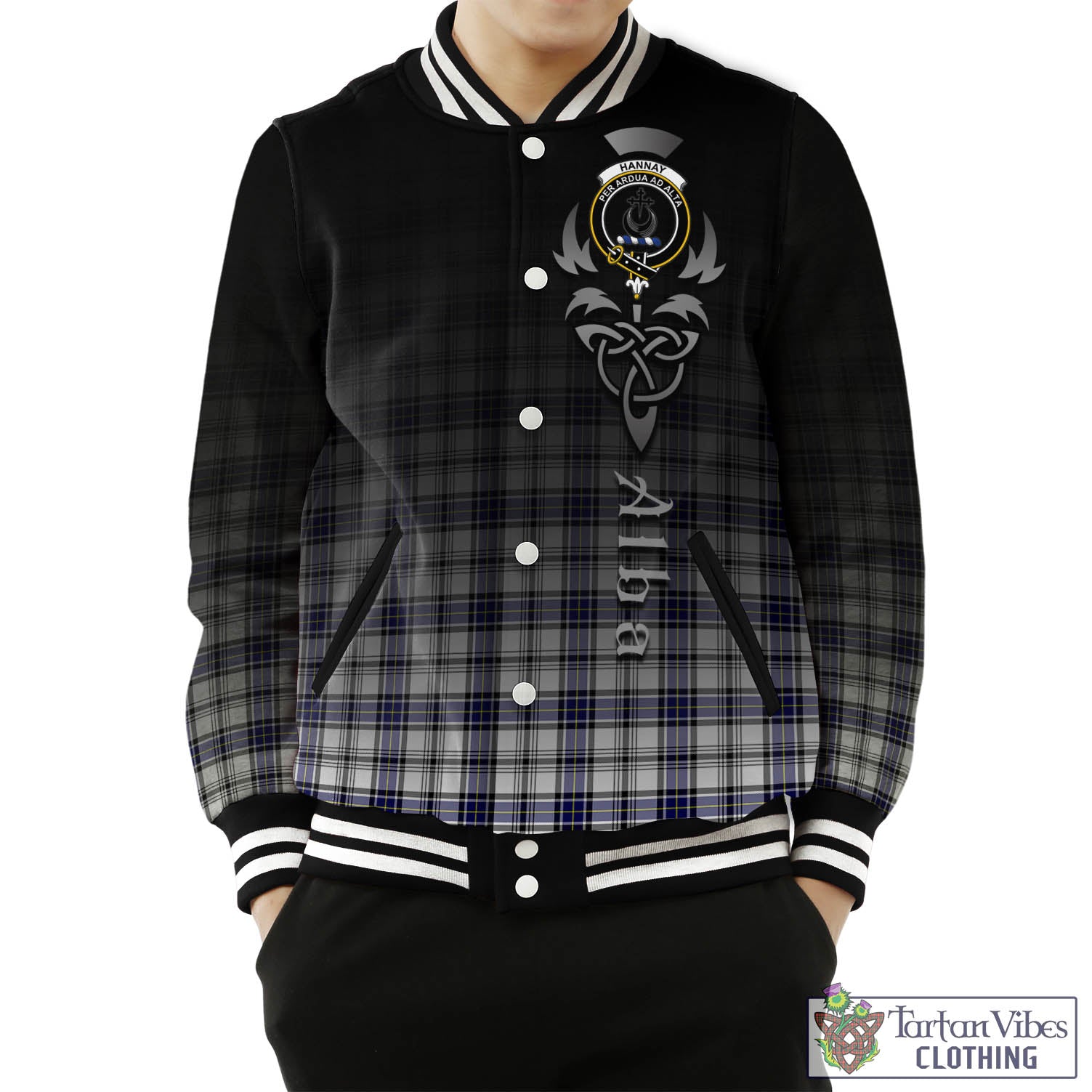 Tartan Vibes Clothing Hannay Modern Tartan Baseball Jacket Featuring Alba Gu Brath Family Crest Celtic Inspired