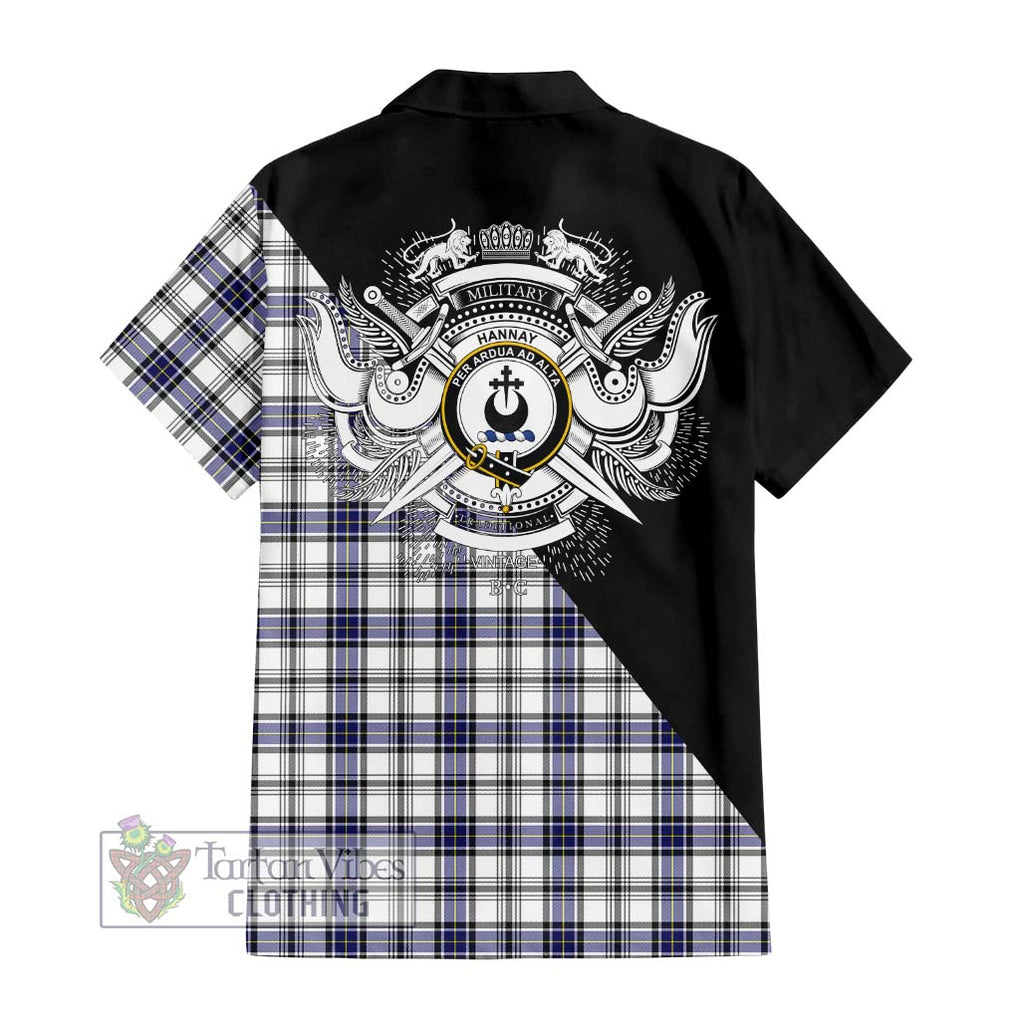 Hannay Tartan Short Sleeve Button Shirt with Family Crest and Military Logo Style - Tartanvibesclothing Shop