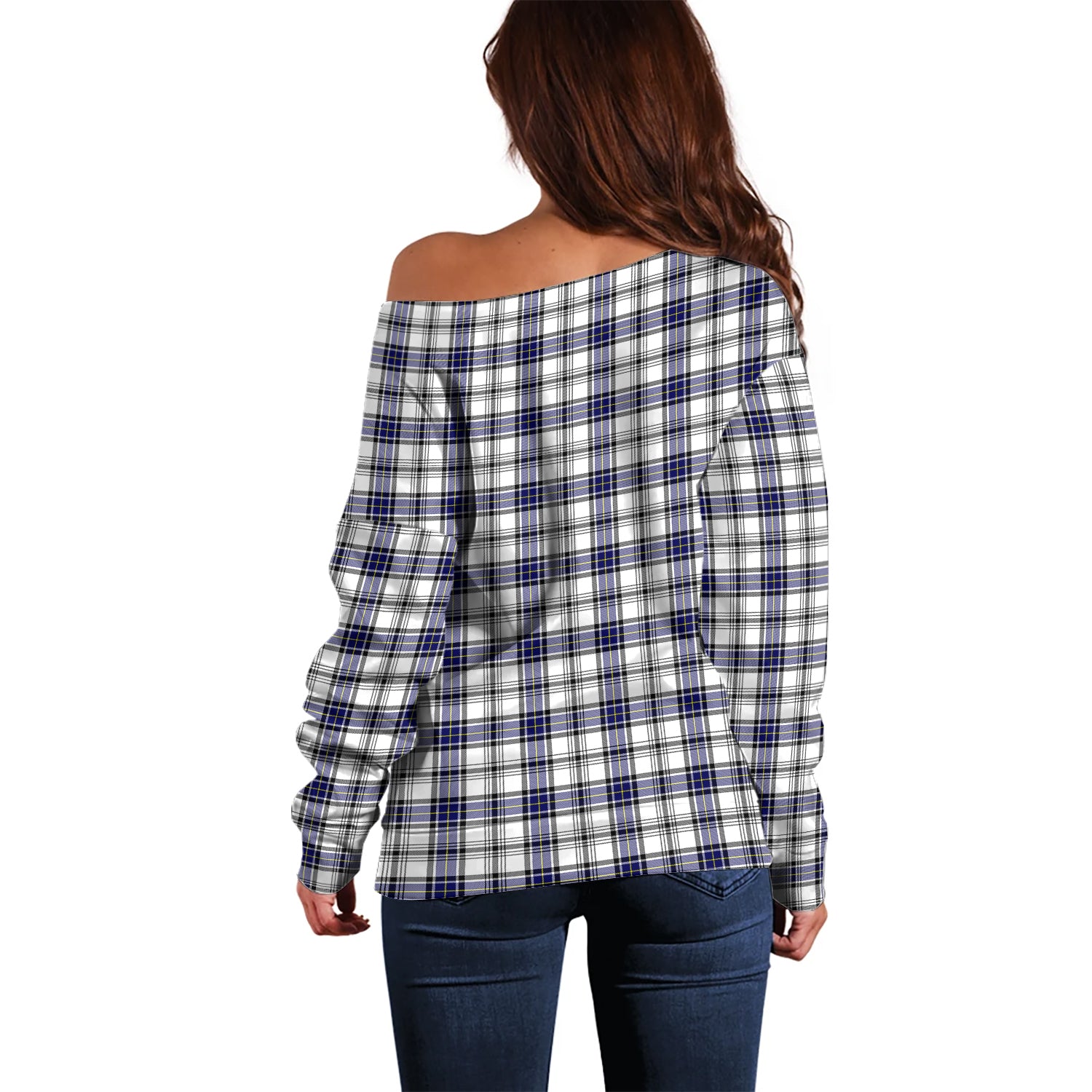 Hannay Modern Tartan Off Shoulder Women Sweater with Family Crest - Tartanvibesclothing