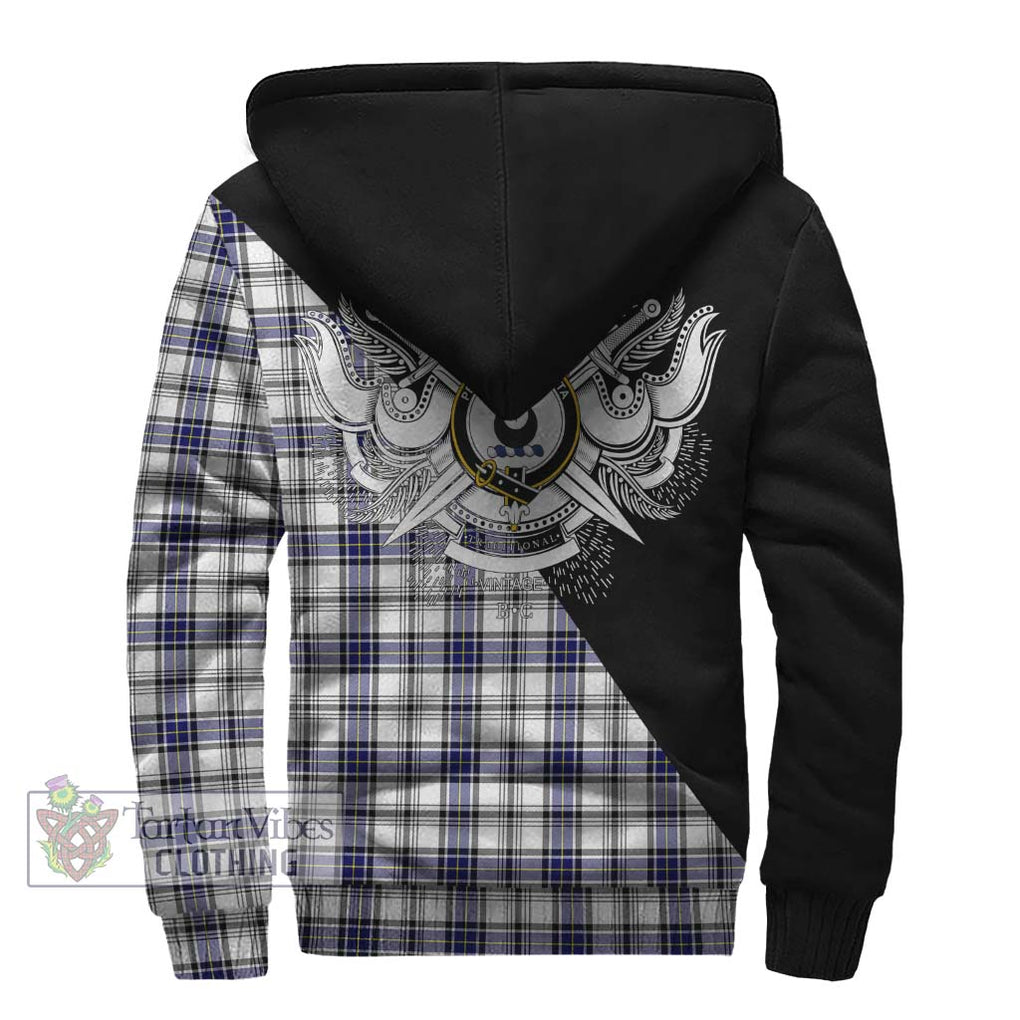 Hannay Tartan Sherpa Hoodie with Family Crest and Military Logo Style - Tartanvibesclothing Shop