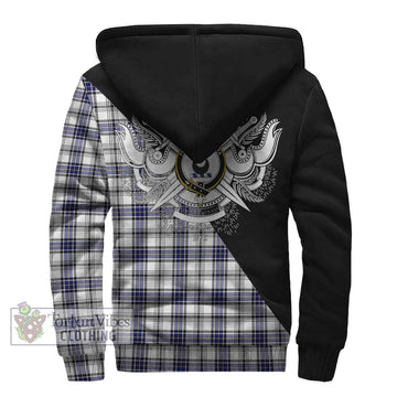 Hannay Tartan Sherpa Hoodie with Family Crest and Military Logo Style