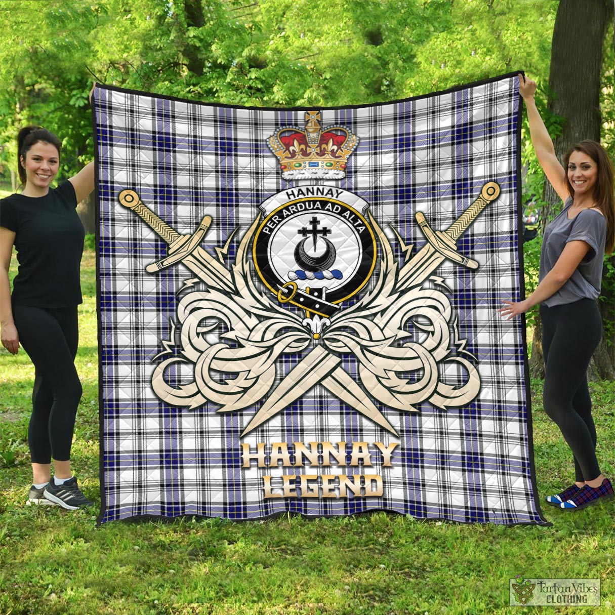 Tartan Vibes Clothing Hannay Modern Tartan Quilt with Clan Crest and the Golden Sword of Courageous Legacy