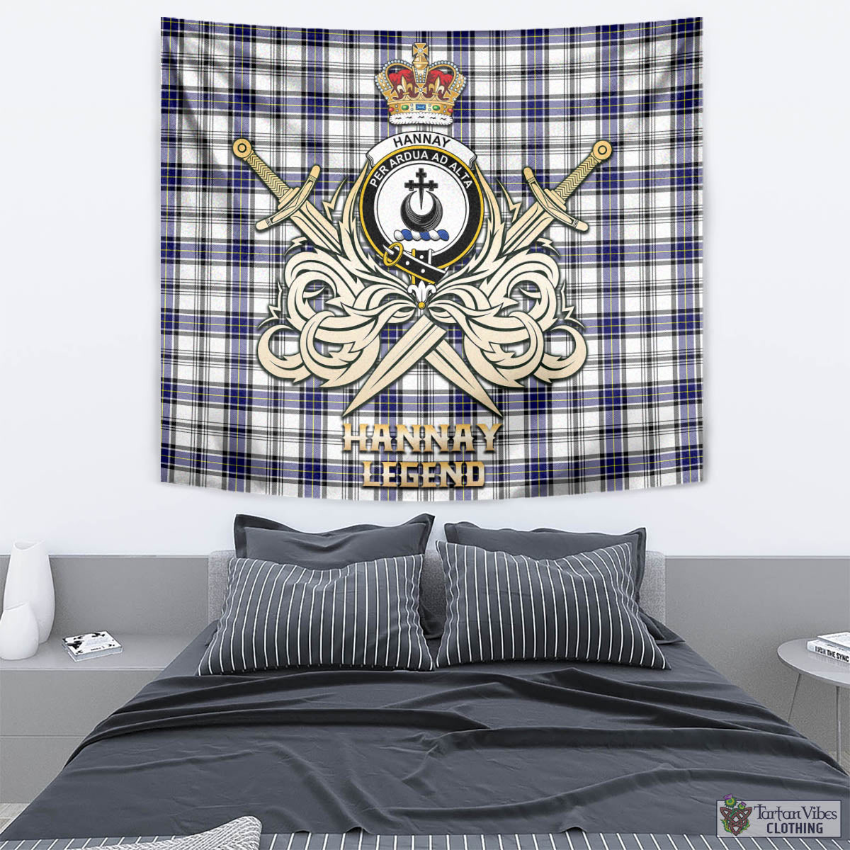 Tartan Vibes Clothing Hannay Modern Tartan Tapestry with Clan Crest and the Golden Sword of Courageous Legacy