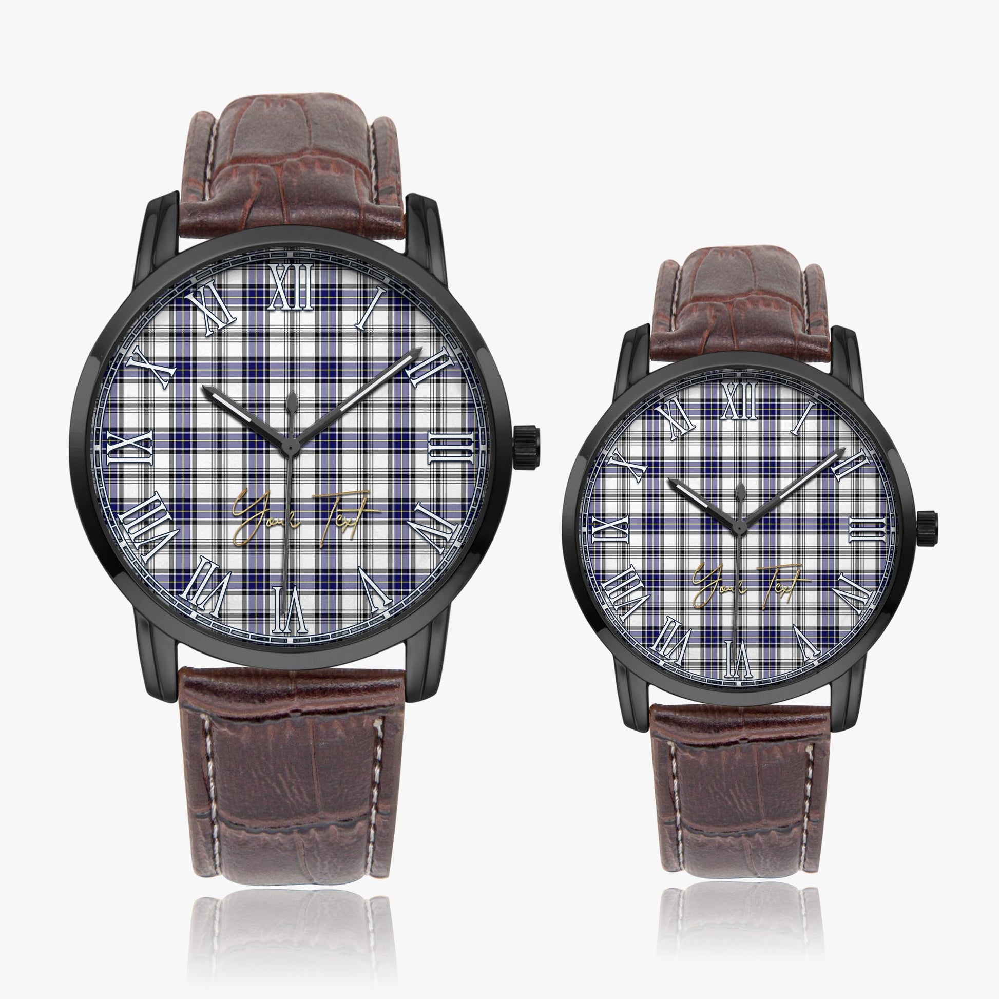 Hannay Modern Tartan Personalized Your Text Leather Trap Quartz Watch Wide Type Black Case With Brown Leather Strap - Tartanvibesclothing