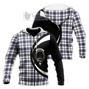 Hannay Tartan Knitted Hoodie with Family Crest Circle Style