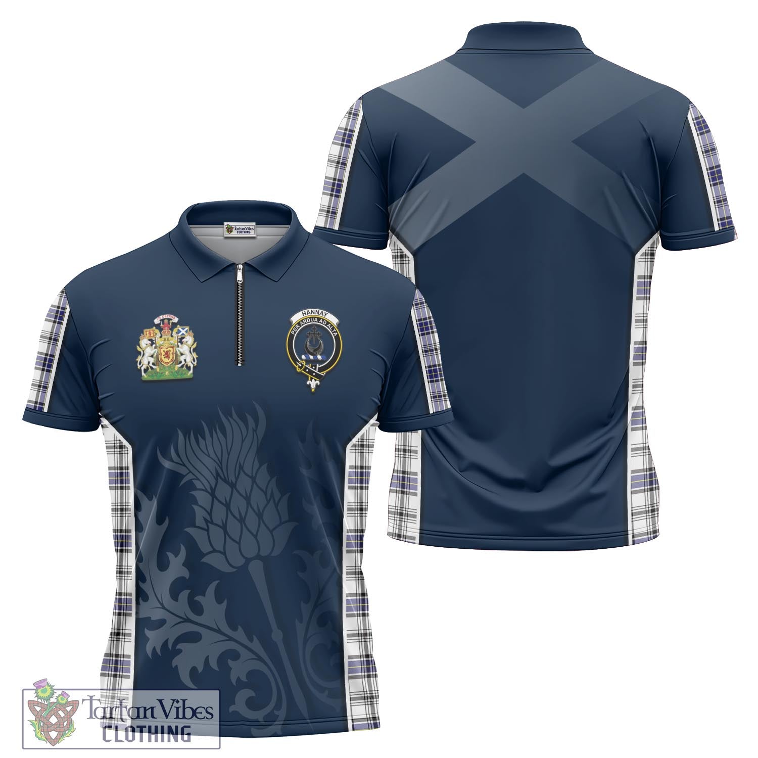 Tartan Vibes Clothing Hannay Modern Tartan Zipper Polo Shirt with Family Crest and Scottish Thistle Vibes Sport Style