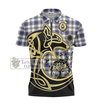 Hannay Tartan Zipper Polo Shirt with Family Crest Celtic Wolf Style