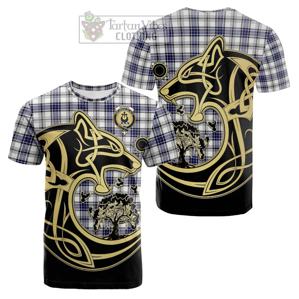 Tartan Vibes Clothing Hannay Modern Tartan Cotton T-shirt with Family Crest Celtic Wolf Style