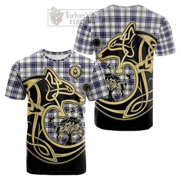 Hannay Tartan Cotton T-shirt with Family Crest Celtic Wolf Style