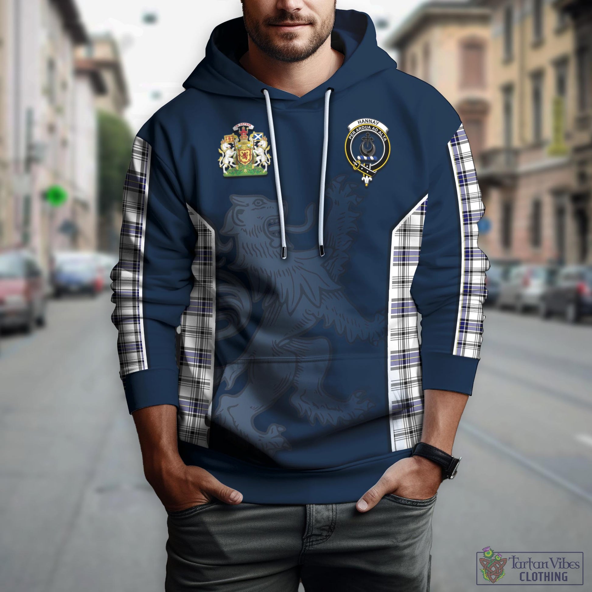 Tartan Vibes Clothing Hannay Modern Tartan Hoodie with Family Crest and Lion Rampant Vibes Sport Style