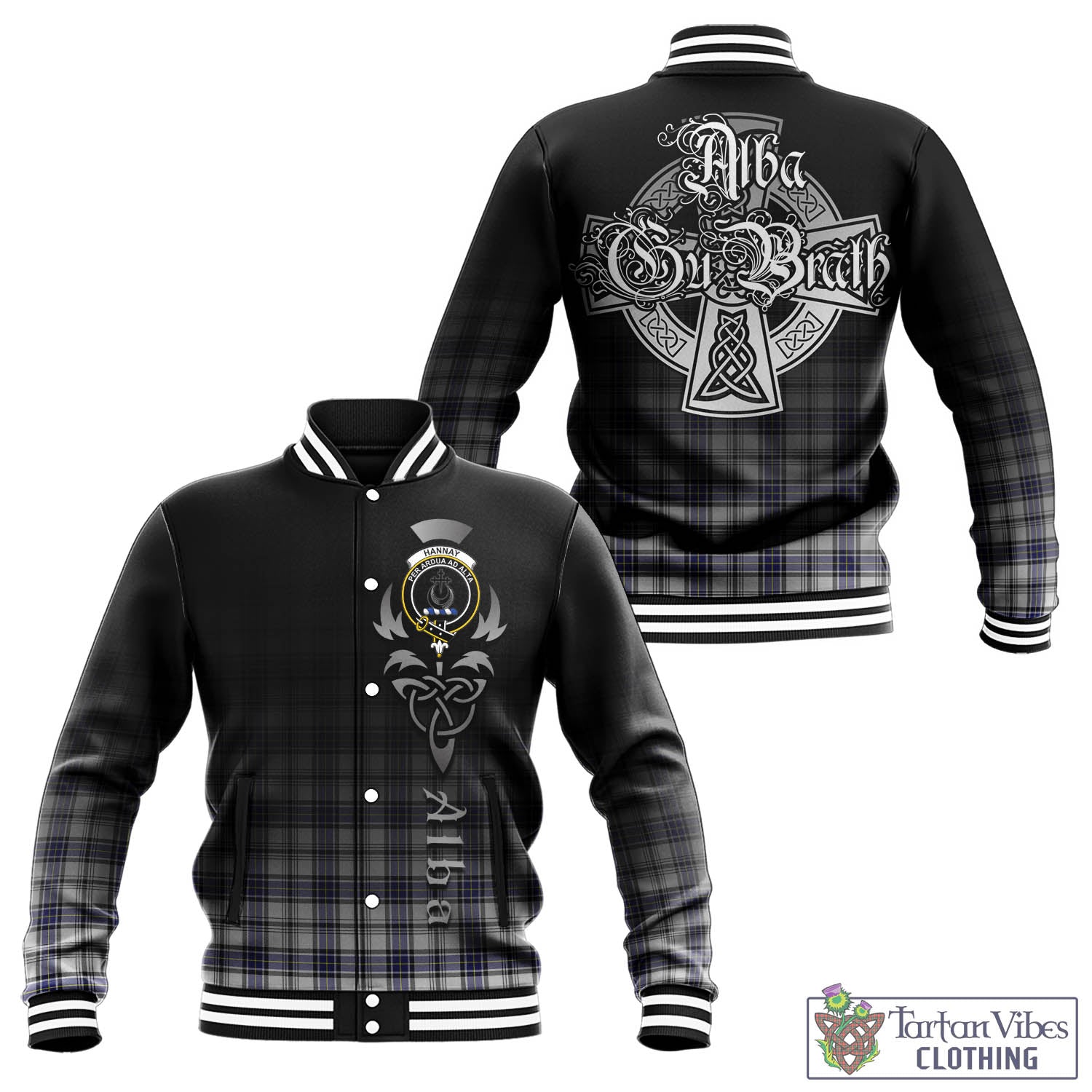 Tartan Vibes Clothing Hannay Modern Tartan Baseball Jacket Featuring Alba Gu Brath Family Crest Celtic Inspired