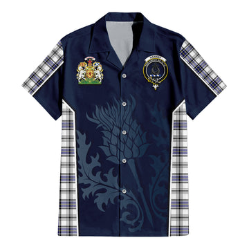 Hannay Tartan Short Sleeve Button Up Shirt with Family Crest and Scottish Thistle Vibes Sport Style