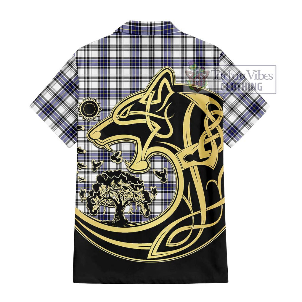 Hannay Tartan Short Sleeve Button Shirt with Family Crest Celtic Wolf Style - Tartan Vibes Clothing