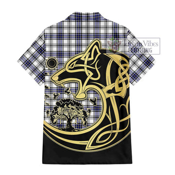 Hannay Tartan Short Sleeve Button Shirt with Family Crest Celtic Wolf Style