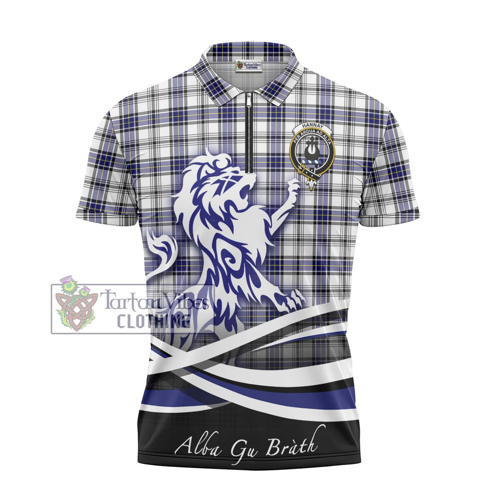 Hannay Tartan Zipper Polo Shirt with Alba Gu Brath Regal Lion Emblem - Tartanvibesclothing Shop