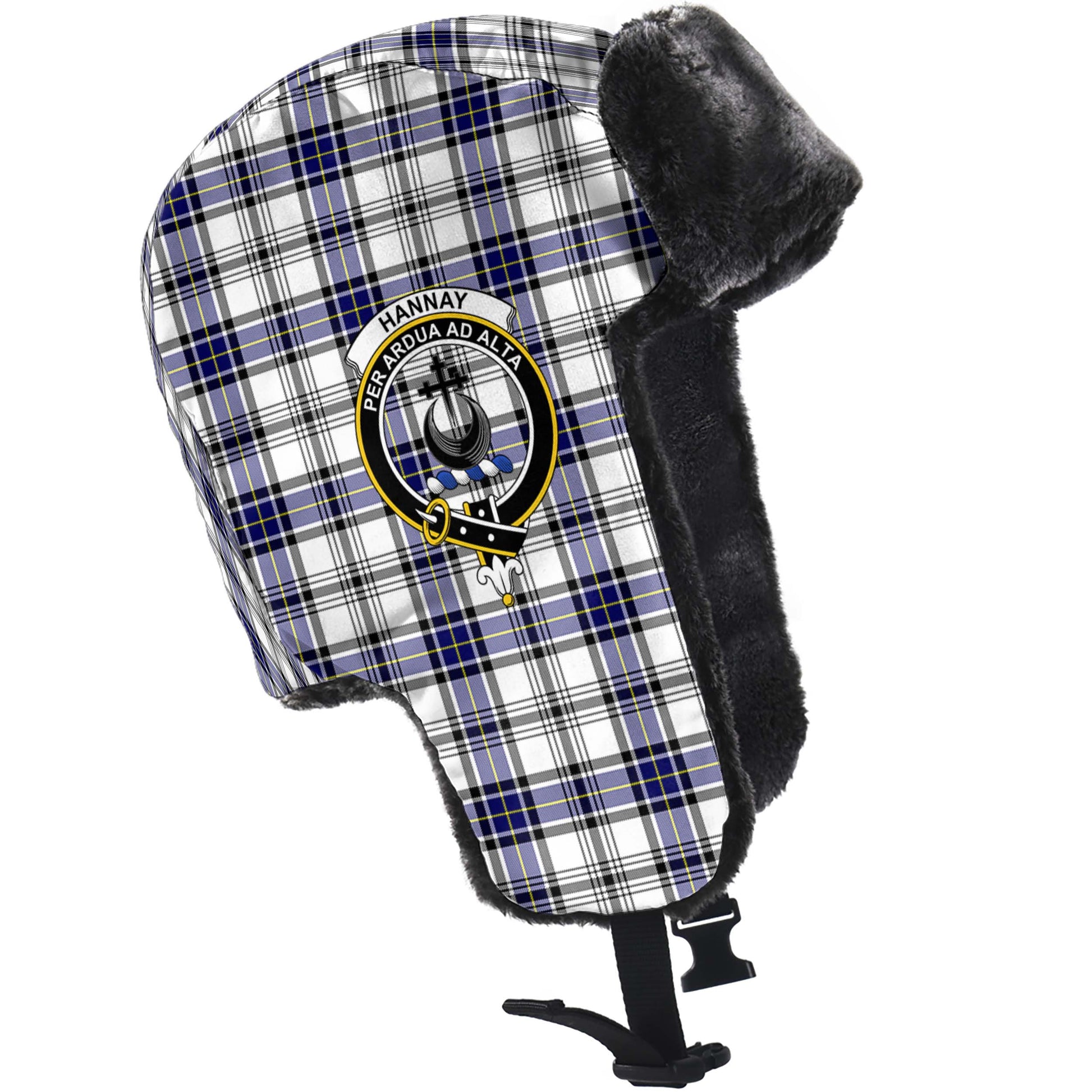 Hannay Modern Tartan Winter Trapper Hat with Family Crest - Tartanvibesclothing