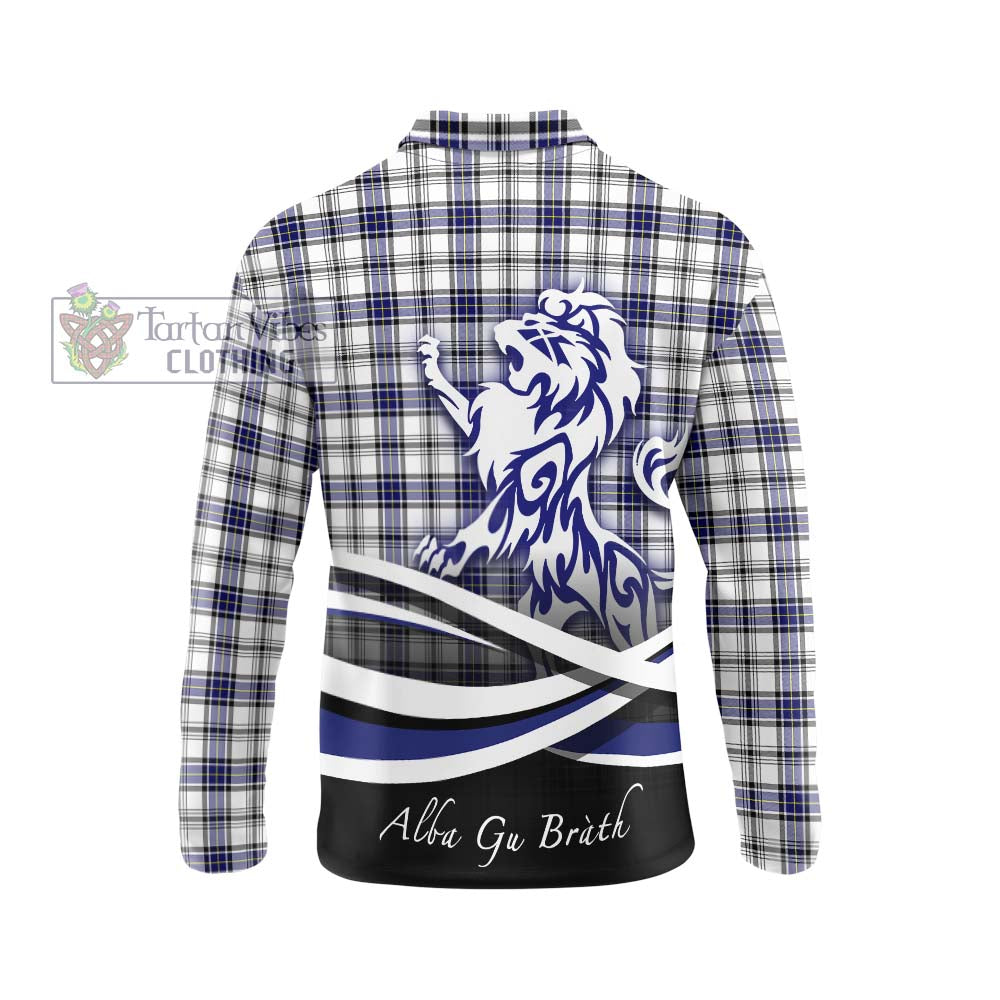 Hannay Tartan Long Sleeve Polo Shirt with Alba Gu Brath Regal Lion Emblem - Tartanvibesclothing Shop