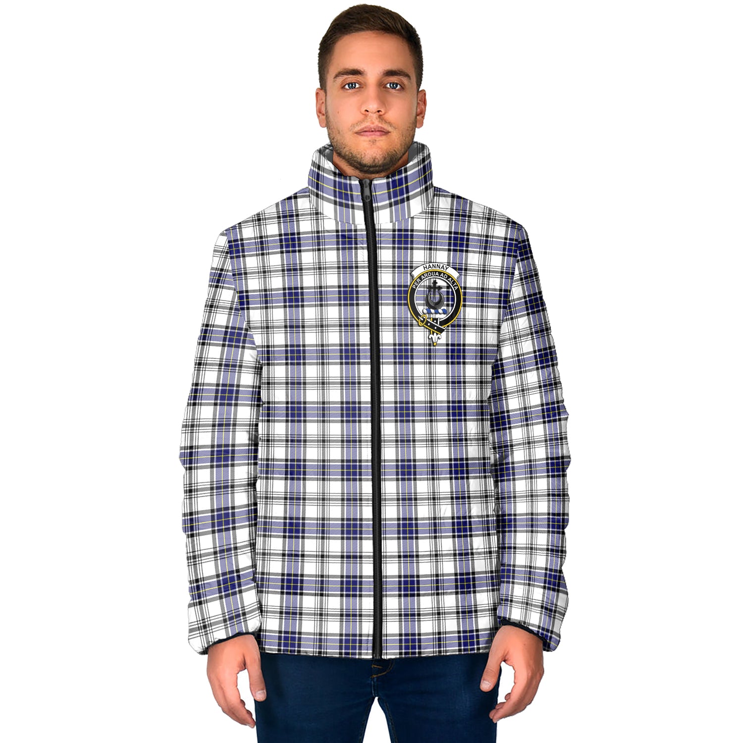 Hannay Tartan Padded Jacket with Family Crest - Tartan Vibes Clothing