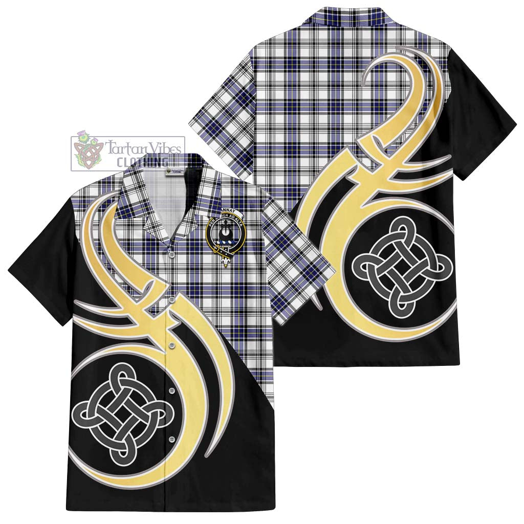 Hannay Tartan Short Sleeve Button Shirt with Family Crest and Celtic Symbol Style - Tartan Vibes Clothing