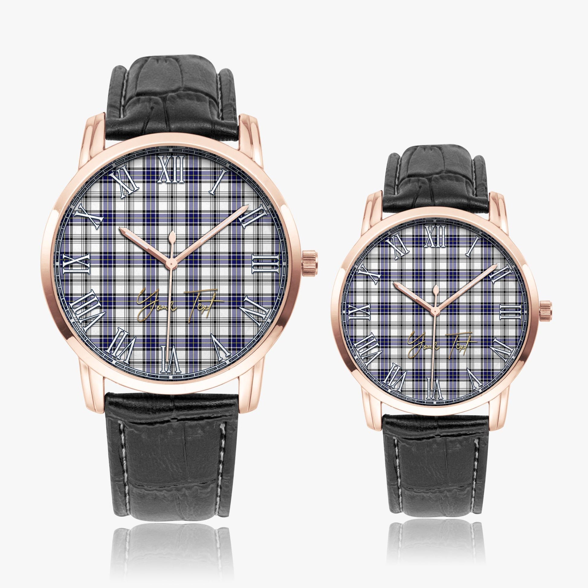 Hannay Modern Tartan Personalized Your Text Leather Trap Quartz Watch Wide Type Rose Gold Case With Black Leather Strap - Tartanvibesclothing