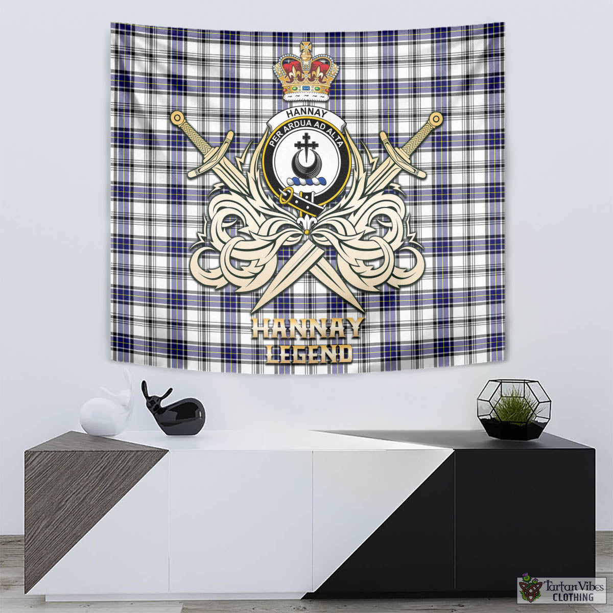 Tartan Vibes Clothing Hannay Modern Tartan Tapestry with Clan Crest and the Golden Sword of Courageous Legacy