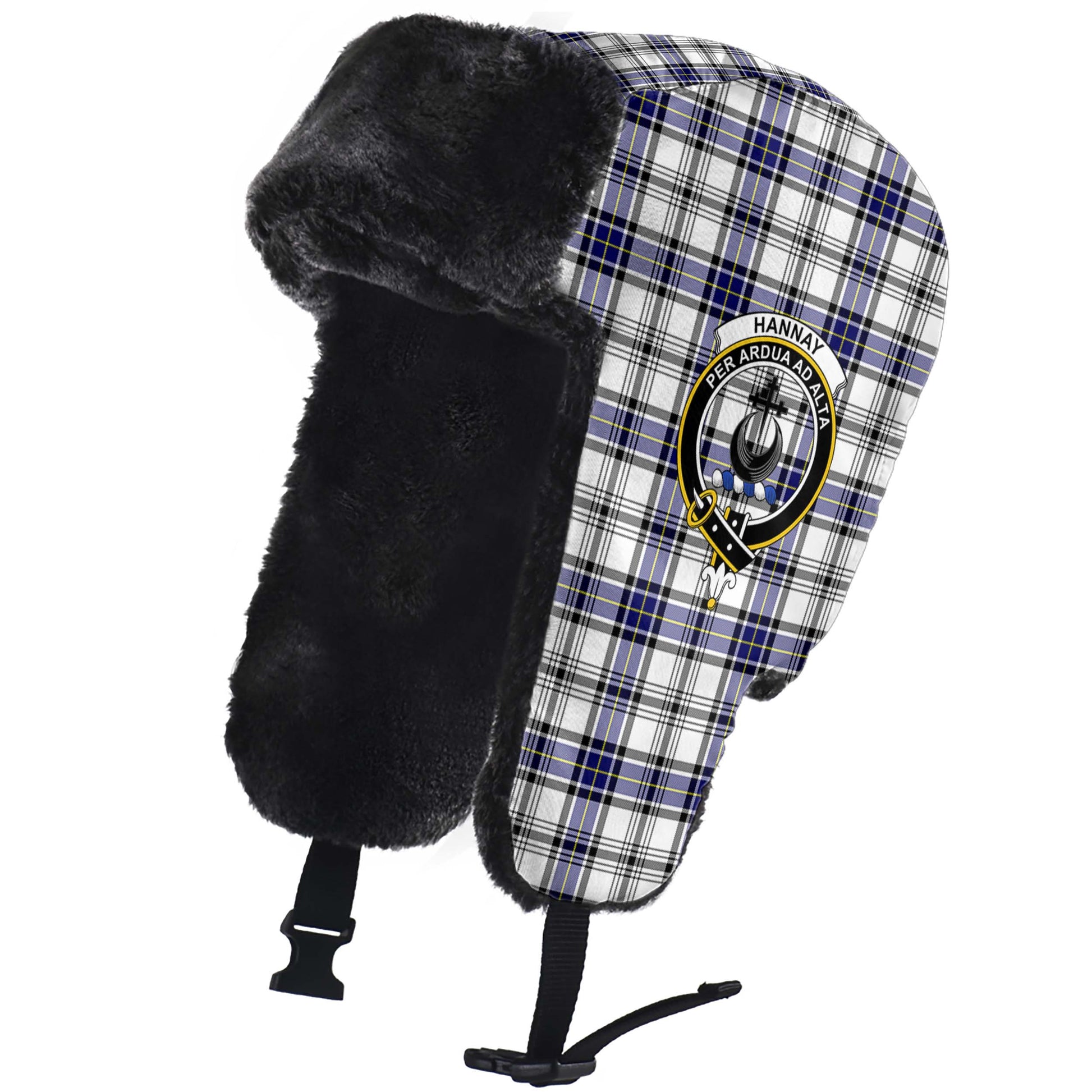 Hannay Modern Tartan Winter Trapper Hat with Family Crest - Tartanvibesclothing