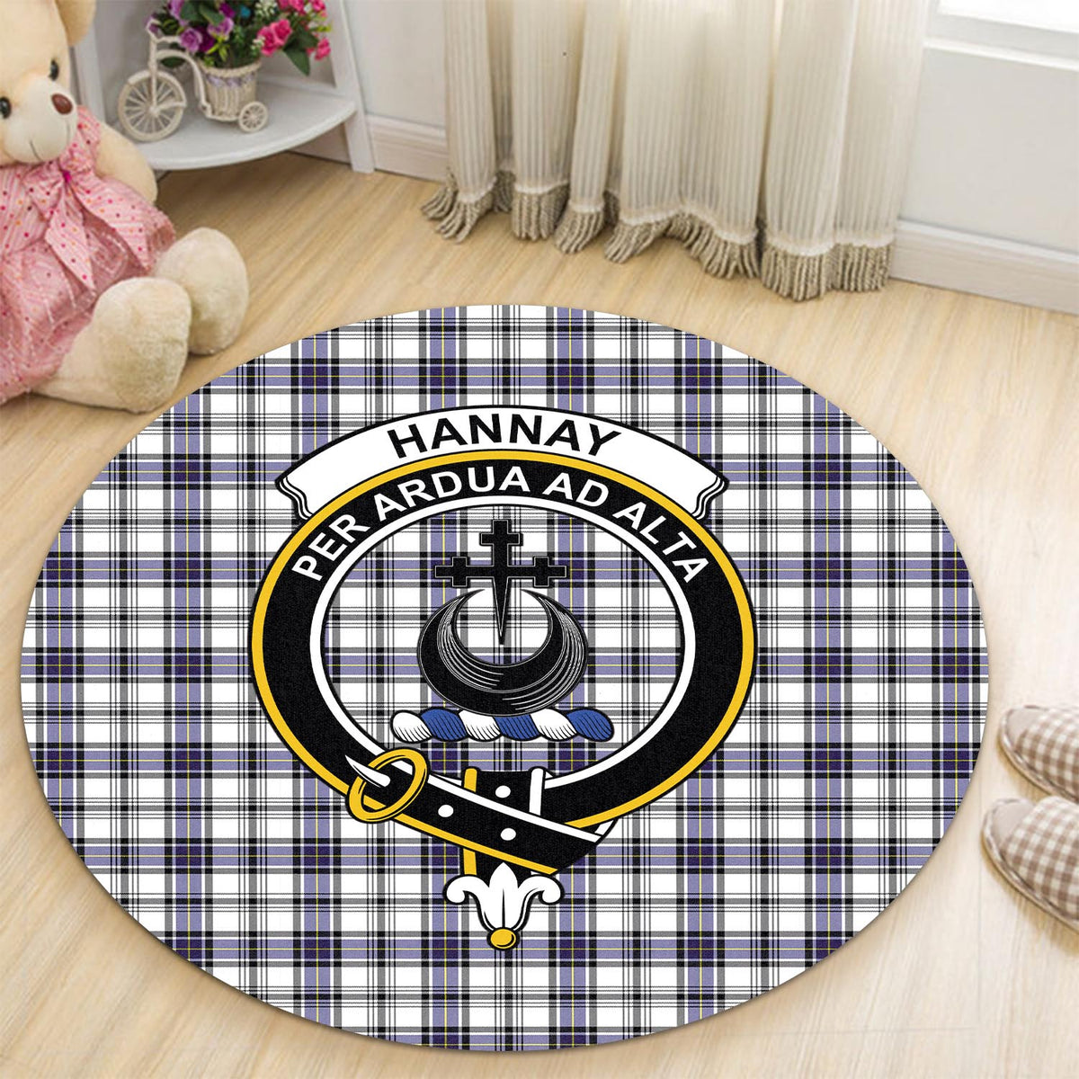 Hannay Tartan Round Rug with Family Crest - Tartan Vibes Clothing
