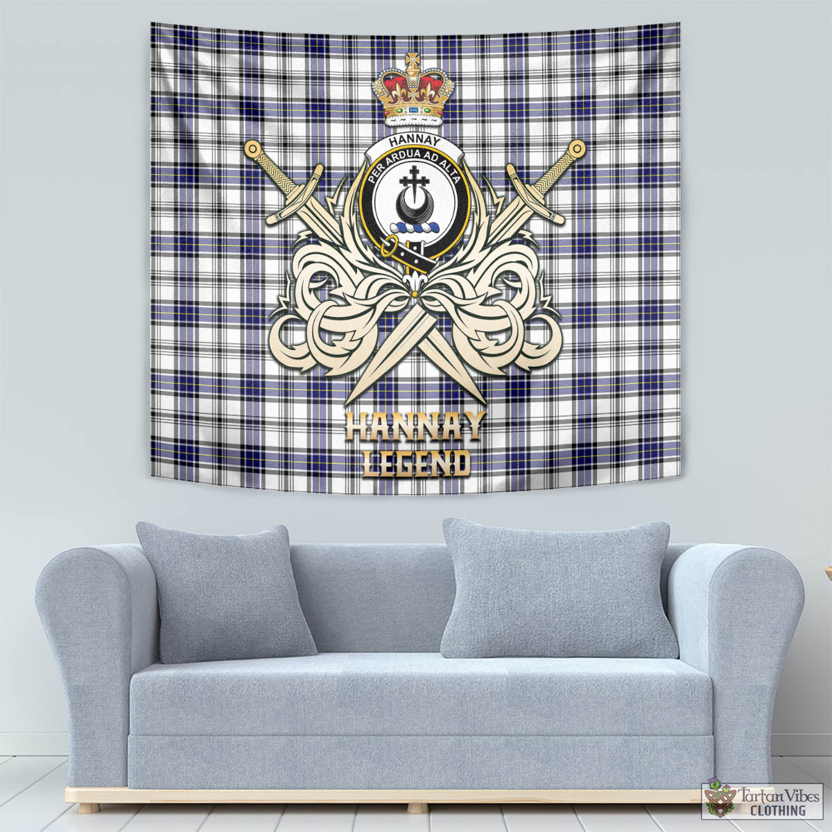 Tartan Vibes Clothing Hannay Modern Tartan Tapestry with Clan Crest and the Golden Sword of Courageous Legacy