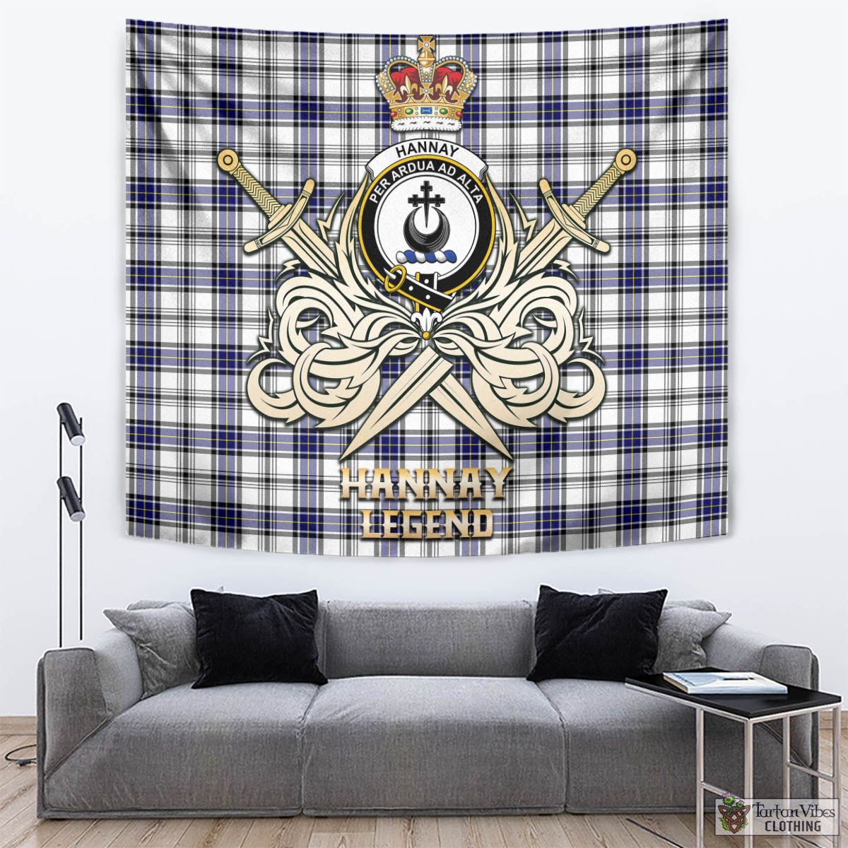 Tartan Vibes Clothing Hannay Modern Tartan Tapestry with Clan Crest and the Golden Sword of Courageous Legacy