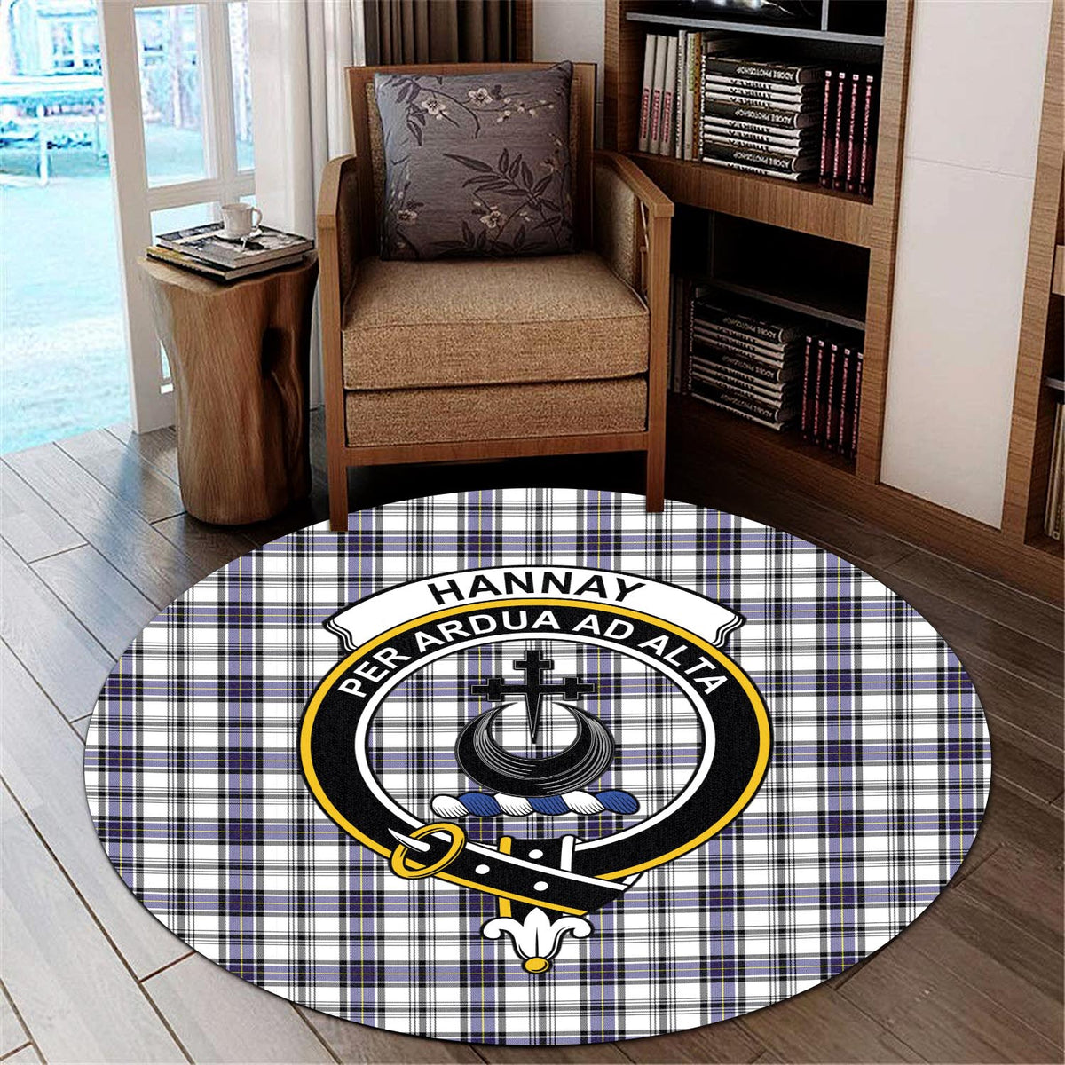 Hannay Tartan Round Rug with Family Crest - Tartan Vibes Clothing
