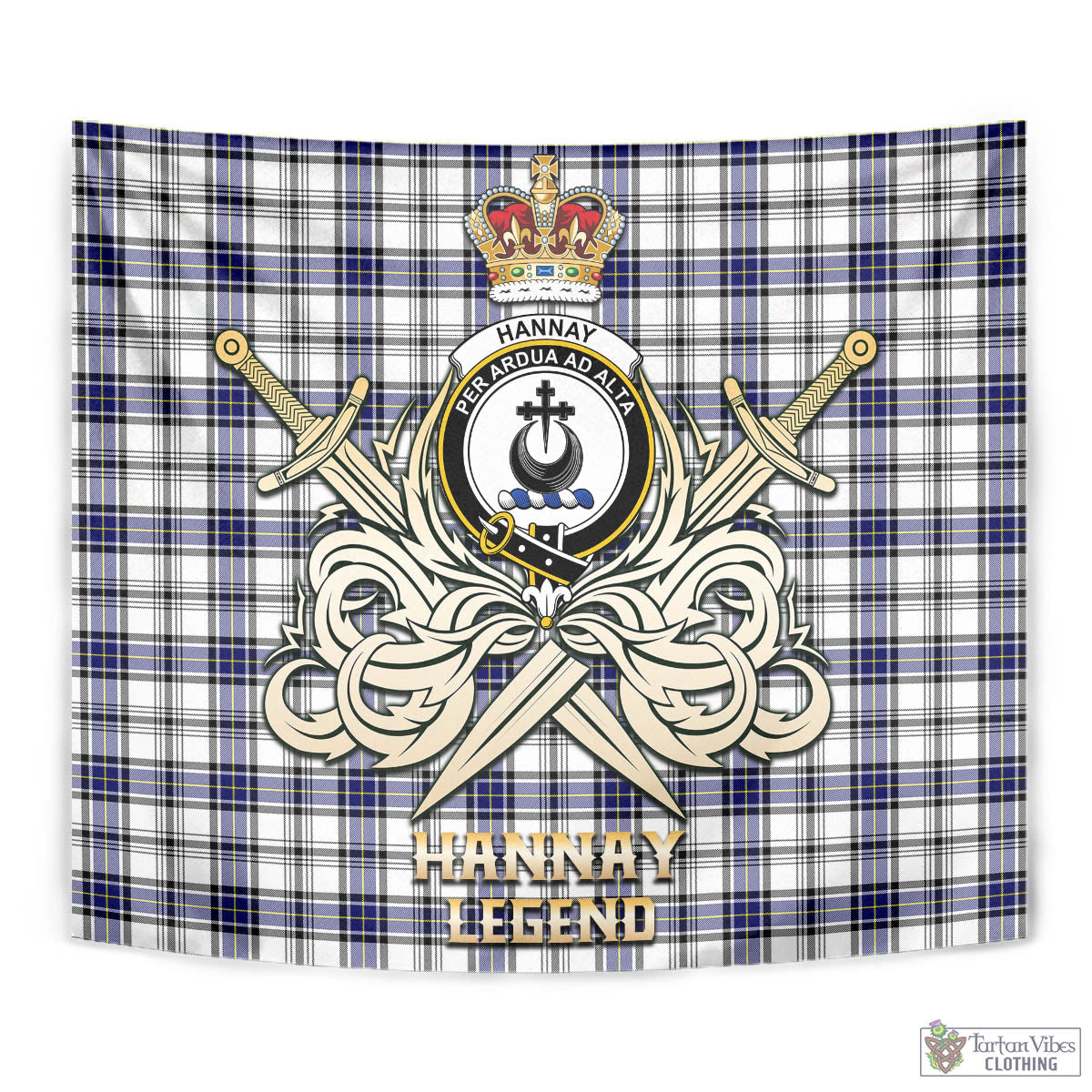 Tartan Vibes Clothing Hannay Modern Tartan Tapestry with Clan Crest and the Golden Sword of Courageous Legacy