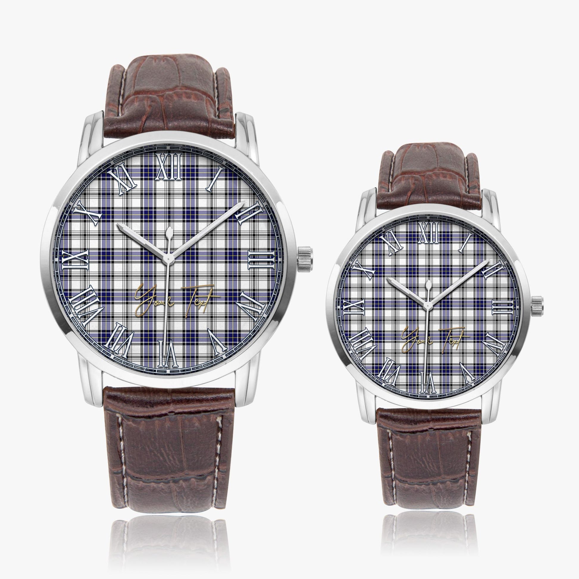 Hannay Modern Tartan Personalized Your Text Leather Trap Quartz Watch Wide Type Silver Case With Brown Leather Strap - Tartanvibesclothing