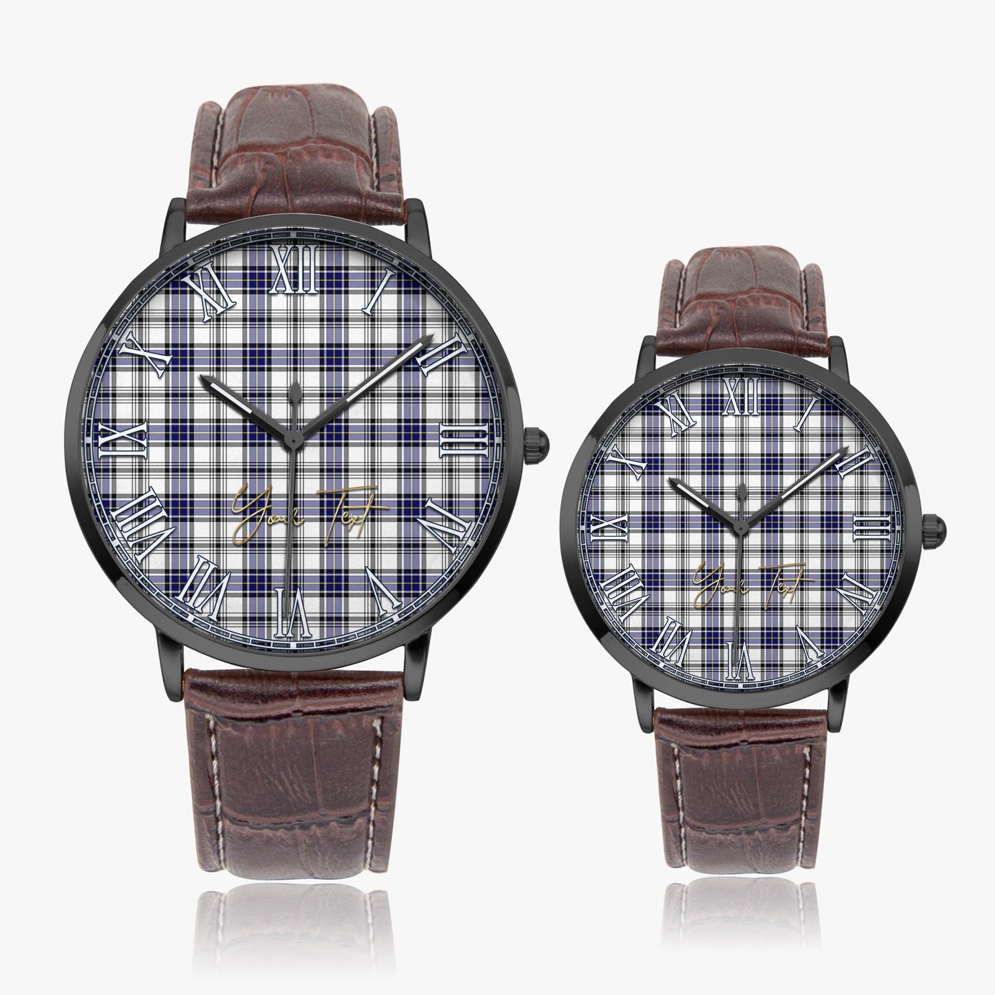 Hannay Modern Tartan Personalized Your Text Leather Trap Quartz Watch Ultra Thin Black Case With Brown Leather Strap - Tartanvibesclothing